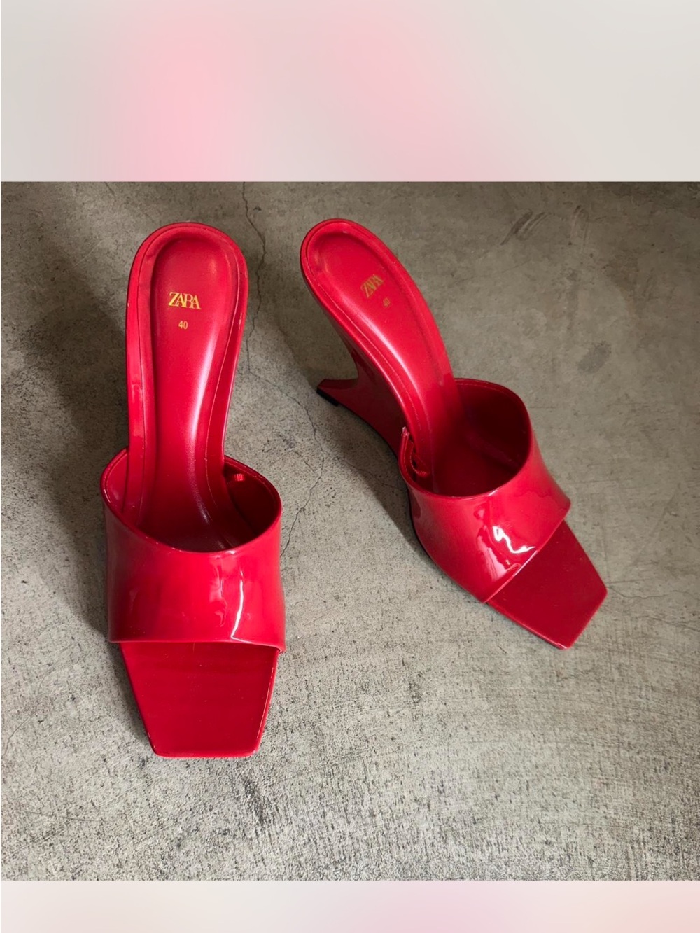 Zara Bright Red Patent Square-Toe Slide Heels